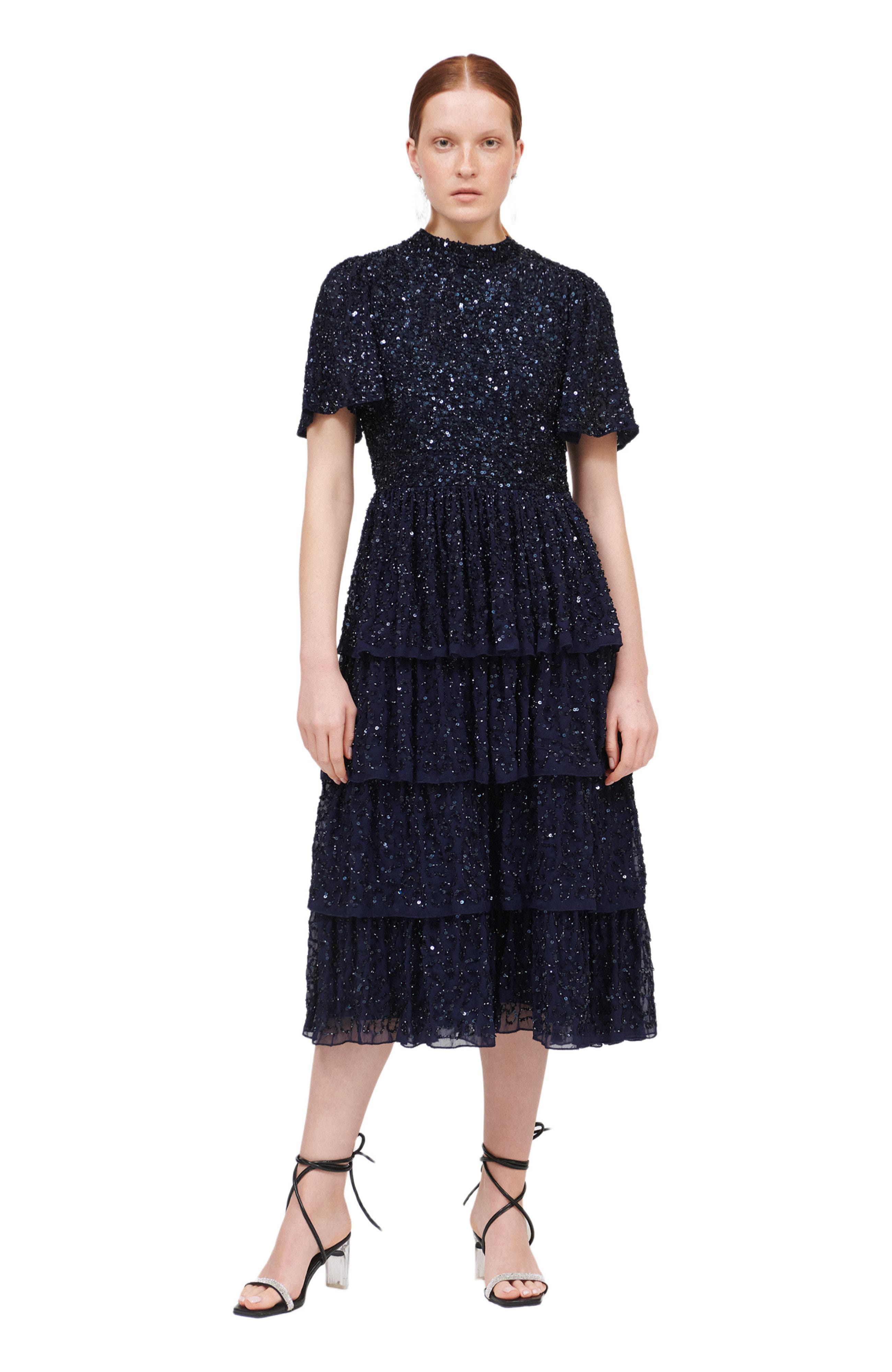 BEAUUT Occasion Embellished Sequin Beaded Evening Midi Dress in Mid Night Blue 