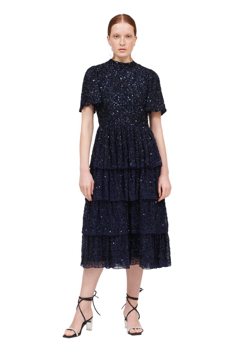 Occasion Embellished Sequin Beaded Evening Midi Dress, Main, color, MID NIGHT BLUE