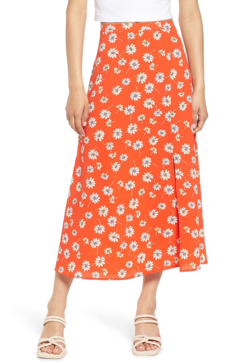 Saga Recycled Polyester Blend Midi Skirt, Main, color, CHERRY TOMATO AOP