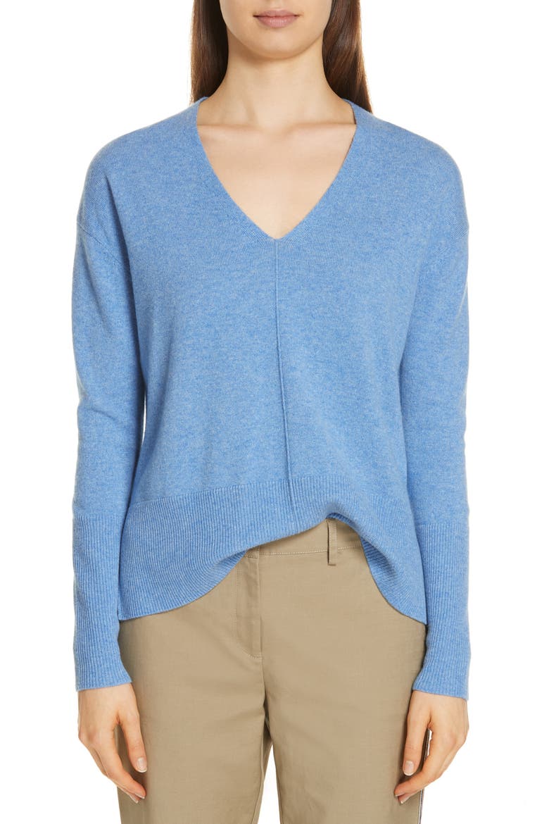 V-Neck High/Low Cashmere Sweater, Main, color, BLUE PROVENCE HEATHER