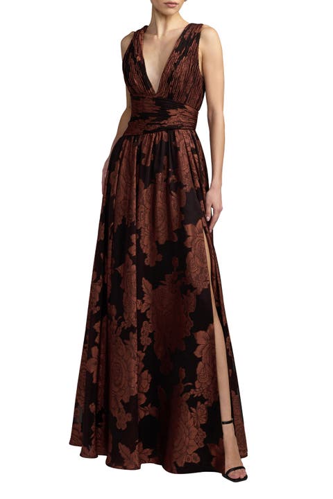 Burnout Chiffon Sleeveless V Neck A Line Gown