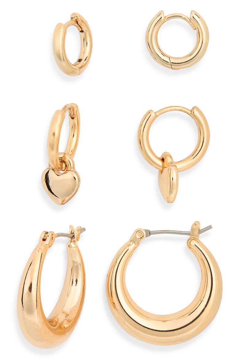 3-Pack Heart Dangle Hoop Earrings, Main, color, GOLD