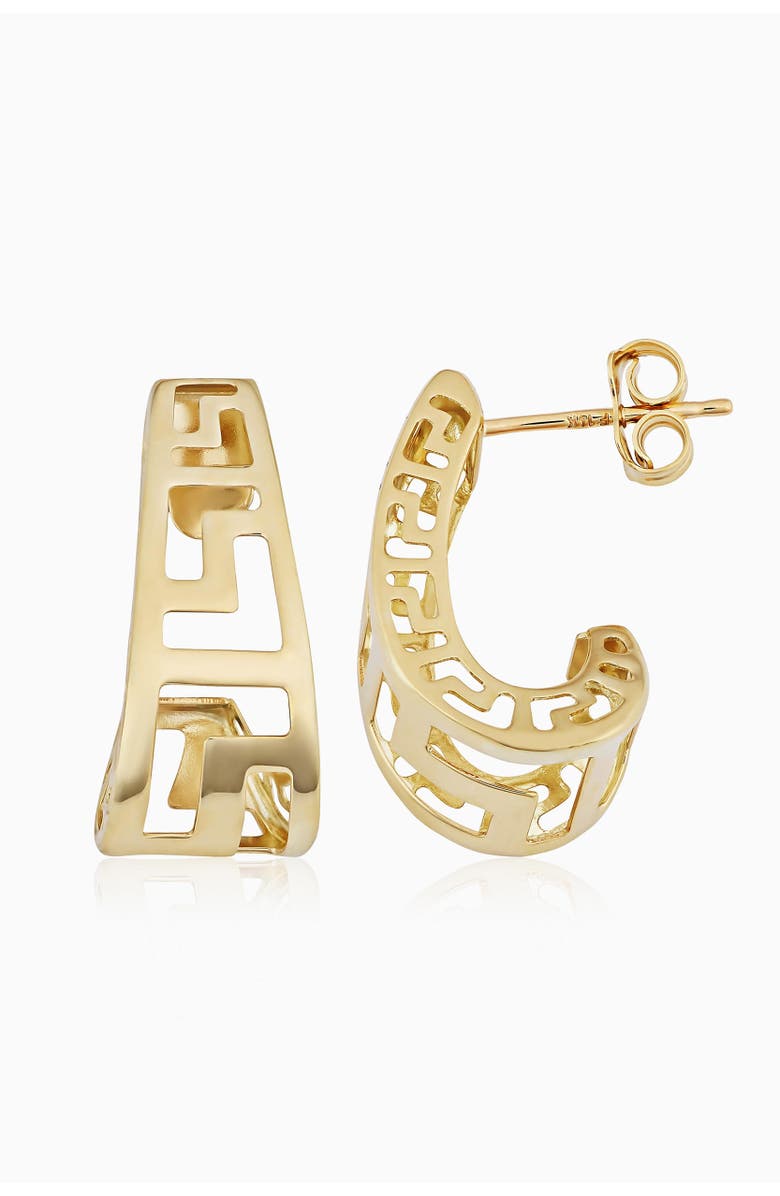 Oradina 14K Yellow Gold Greek Key Huggies, Main, color, Yellow Gold