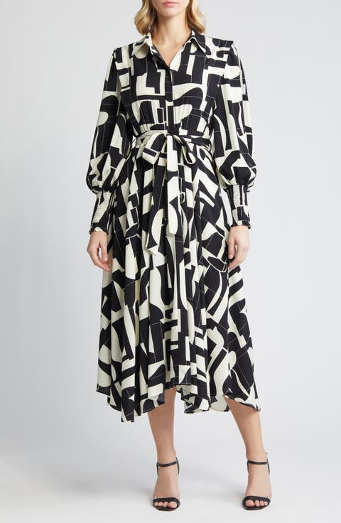 Abstract Print Long Sleeve Tie Belt Midi Dress