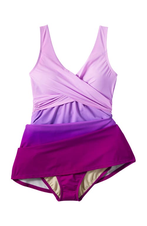 Lands' End Slendersuit V-neck Wrap Swim Dress One Piece Swimsuit Adjustable Straps In Crimson Rose/purple Ombre