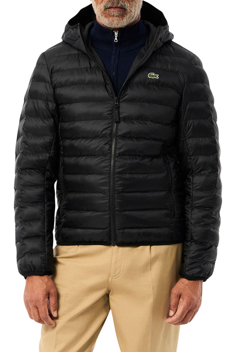 Lacoste Hooded Puffer Jacket, Main, color, Black