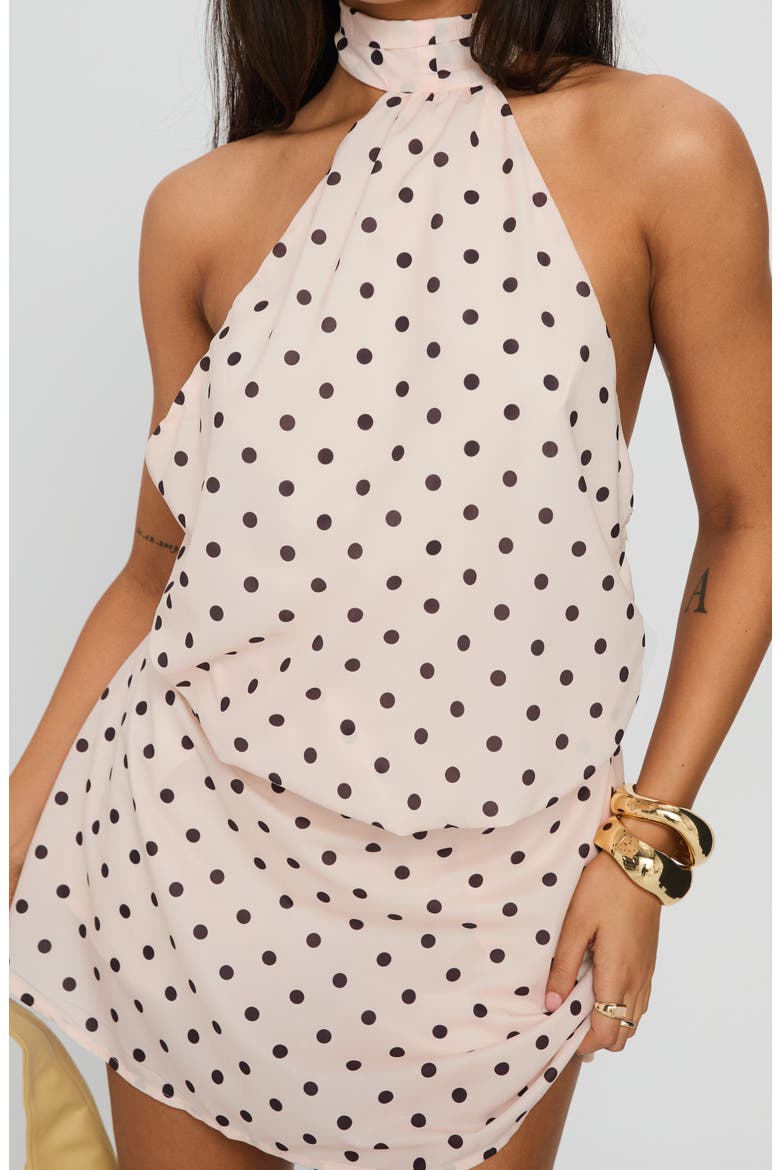 Natalea Polka Dot Halter Skirted Romper, Alternate, color, CREAM / BROWN POLKA