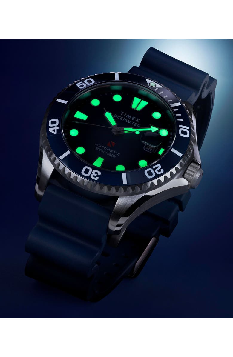 Timex<sup>®</sup> Deepwater Meridian Automatic Rubber Strap Watch, 44mm, Alternate, color, Blue