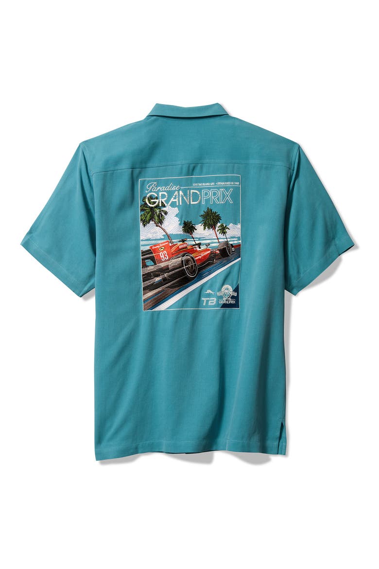 Tommy Grand Prix Embroidered Graphic Silk Camp Shirt, Alternate, color, DK CANAL BLUE
