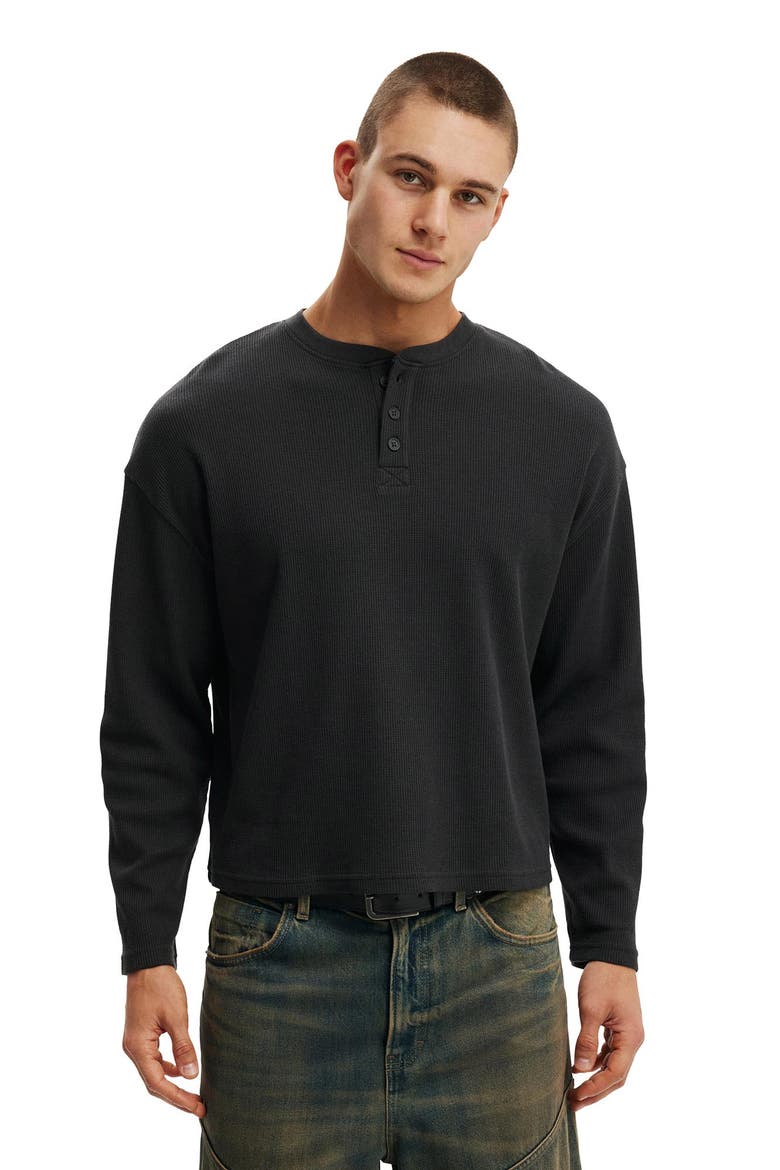 Men's Relaxed Fit Textured Henley Long Sleeve, Main, color, Washed Black Waffle