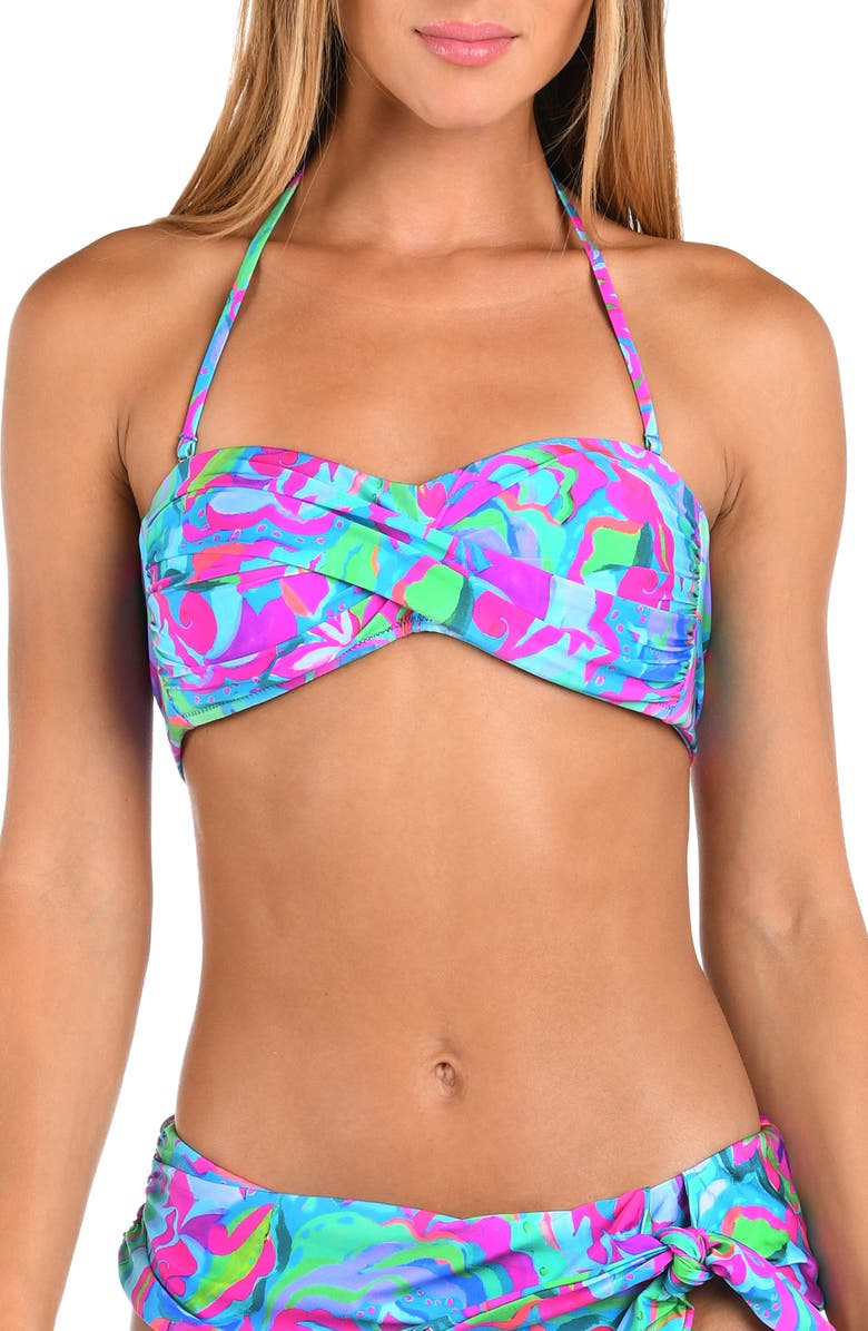 Sunshine 79 Swirltopia Twist Front Bandeau Bikini Top, Main, color, Aqua Multi