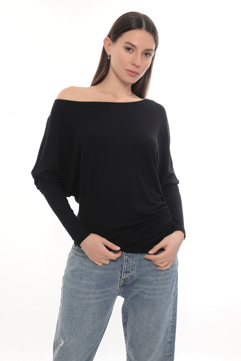 Luna Off-Shoulder Draped Long Sleeve Stretch Top, Main, color, Black