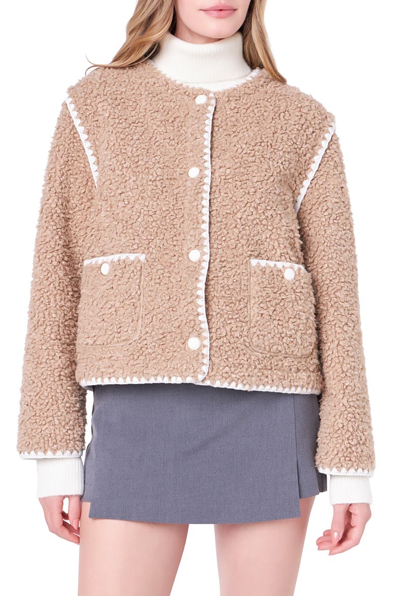 Premium Contrast Trim Faux Shearling Jacket, Alternate, color, TANWHITE