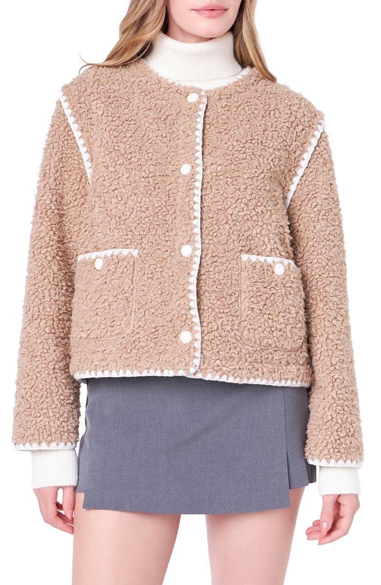 English Factory Premium Contrast Trim Faux Shearling Jacket, Alternate, color, Tan/ White