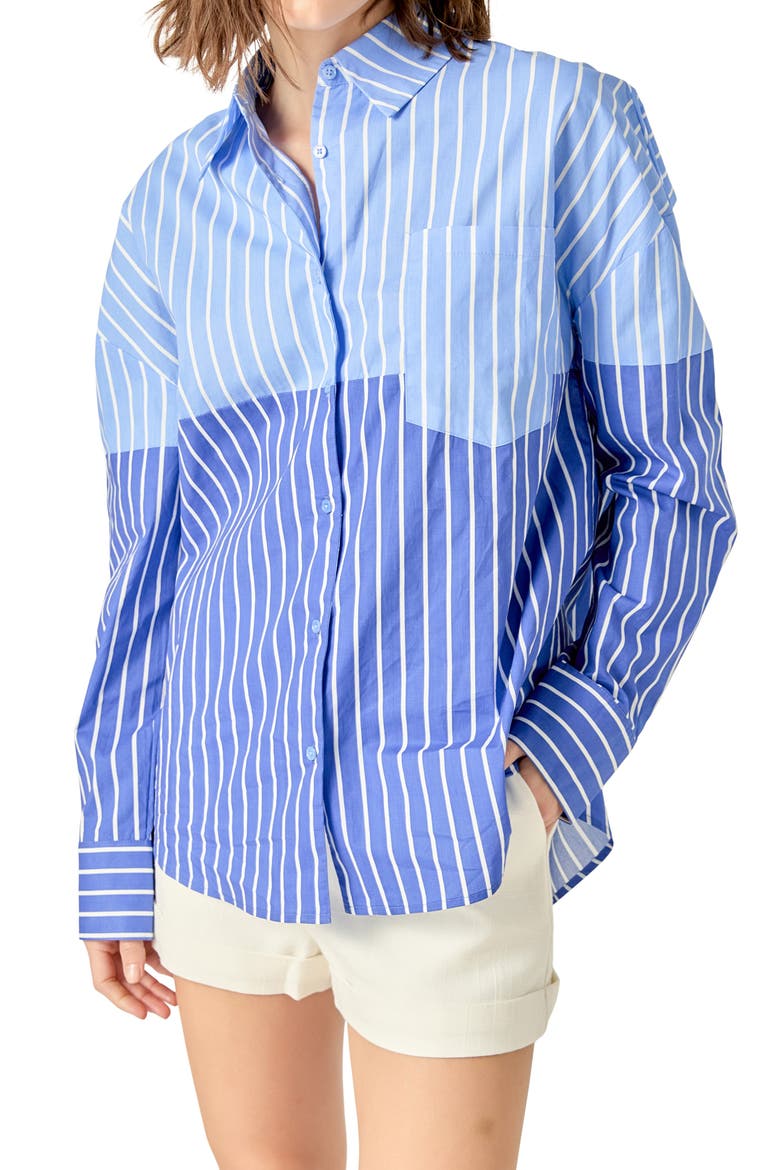 Colorblock Stripe Button-Up Shirt, Alternate, color, POWDER BLUE/ NAVY