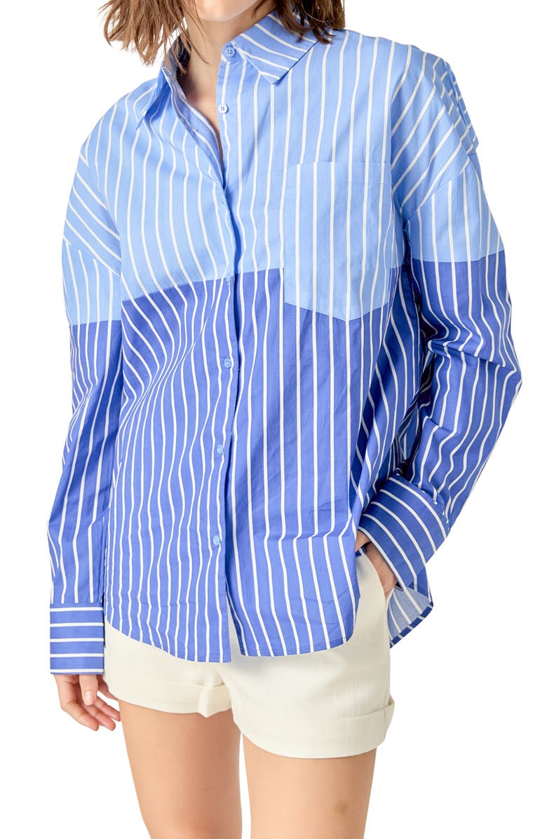 English Factory Colorblock Stripe Button-Up Shirt, Alternate, color, Powder Blue/ Navy
