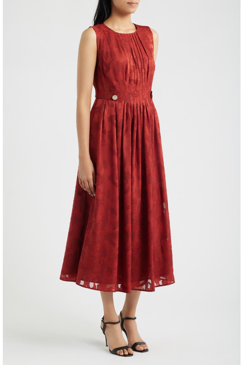 Pleated Floral Jacquard Midi A Line Dress, Alternate, color, RUST