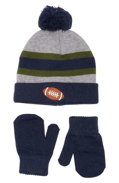 Football Pom Beanie & Mittens Set