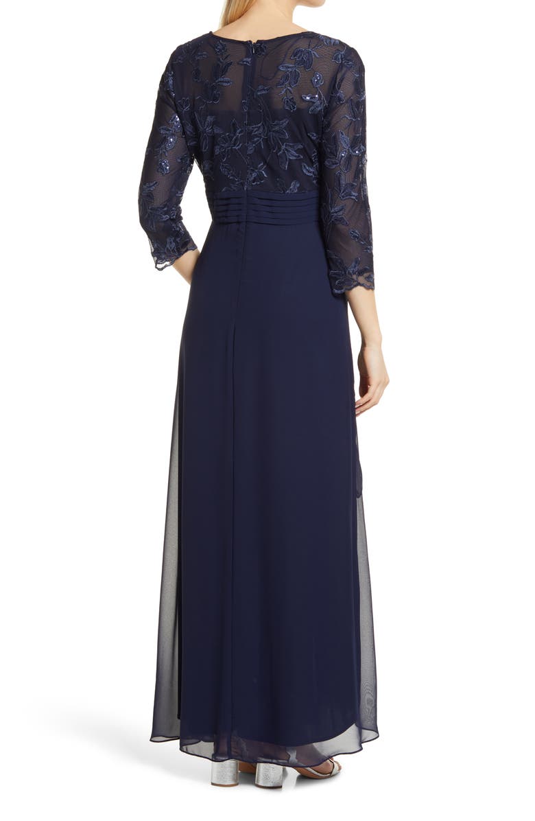 Alex Evenings Sequin Embroidered Bodice Empire Waist Gown, Alternate, color, Navy