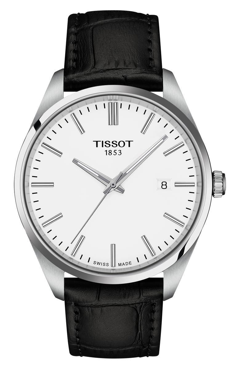 Tissot PR 100 Quartz Leather Strap Watch, 40mm, Main, color, White
