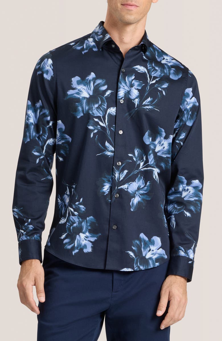 Ted Baker Soren Digital Floral Print Stretch Cotton Dress Shirt, Main, color, Blue Nights