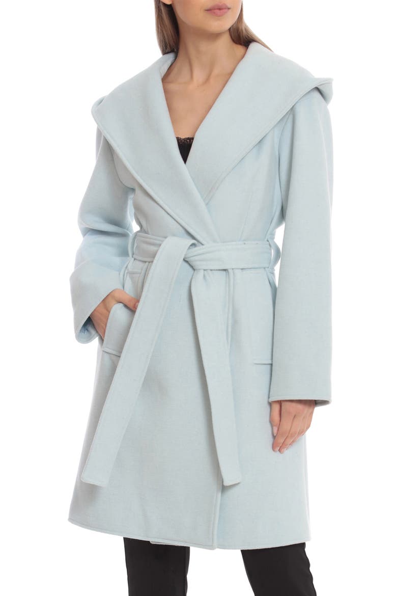 Belted Hooded Twill Wrap Coat, Main, color, ICE BLUE
