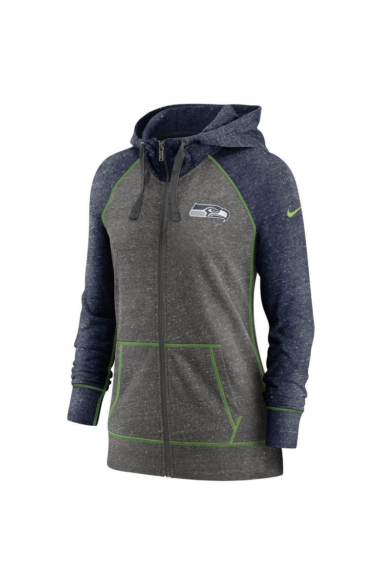 Nike Women's Nike Heathered Charcoal/Navy Seattle Seahawks Gym Vintage Raglan Full-Zip Hoodie, Alternate, color, 
