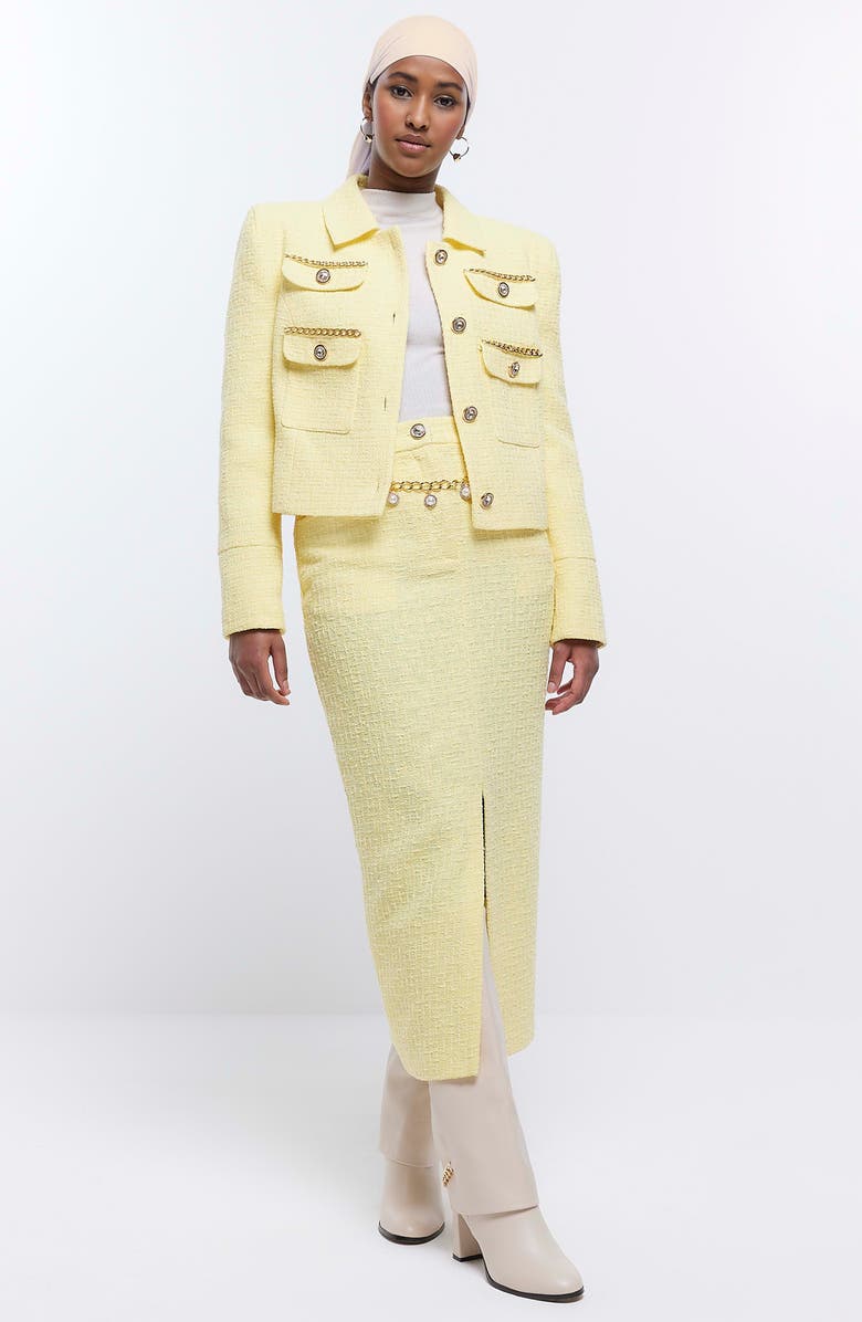 River Island Imitation Pearl Belt Cotton Blend Bouclé Pencil Skirt, Alternate, color, 