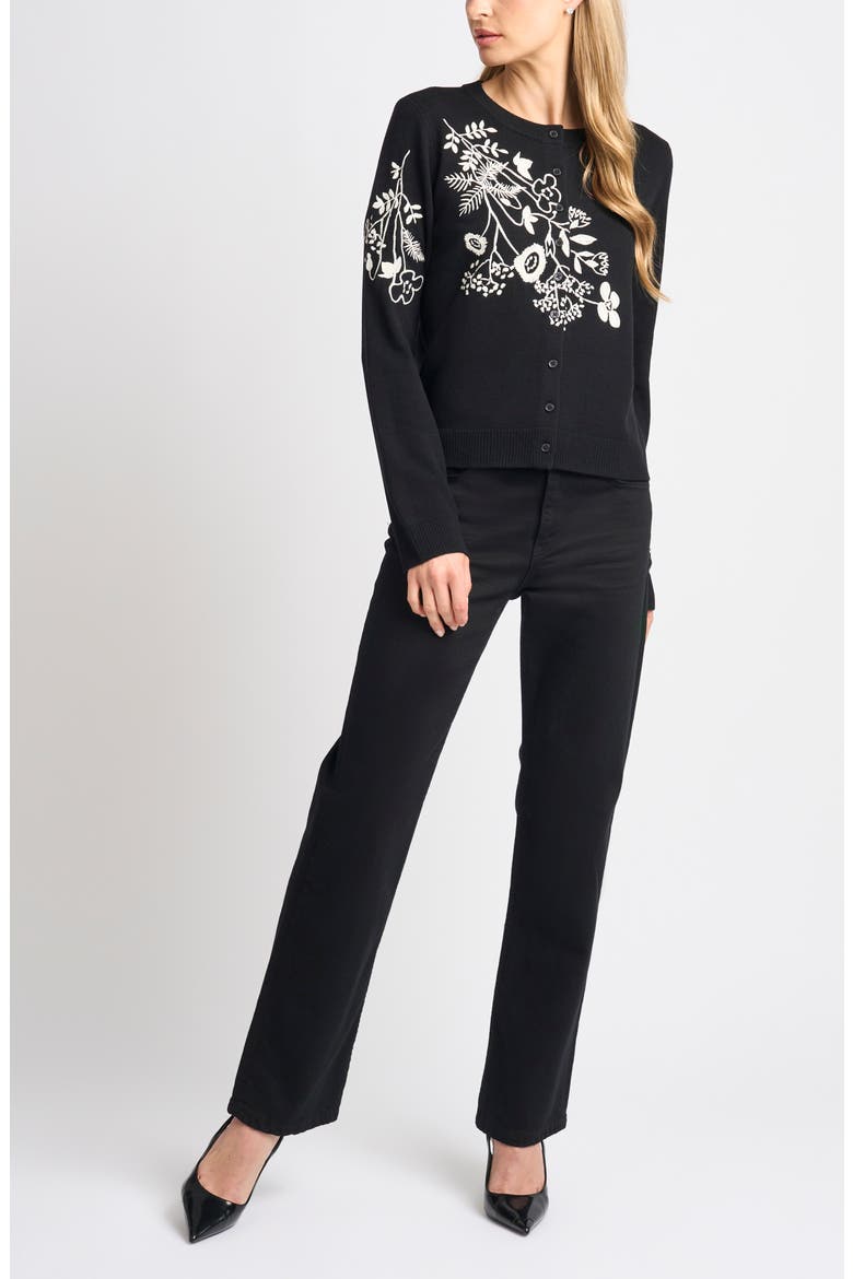 Embroidered Floral Button Front Cardigan, Alternate, color, RICH BLACK