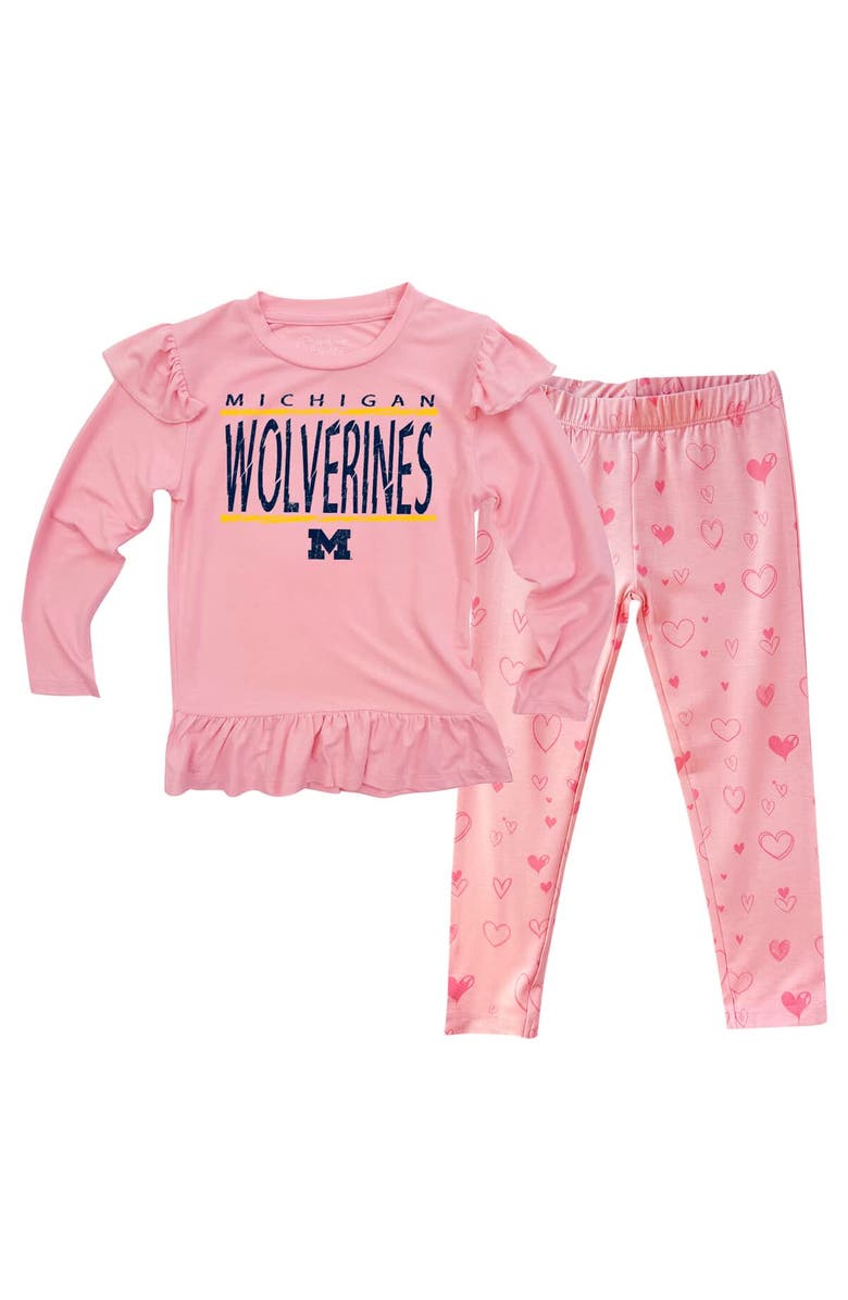 Wes & Willy Infant Wes & Willy Pink Michigan Wolverines Heart Print Ruffle Long Sleeve T-Shirt and Pants Sleep Set, Main, color, 