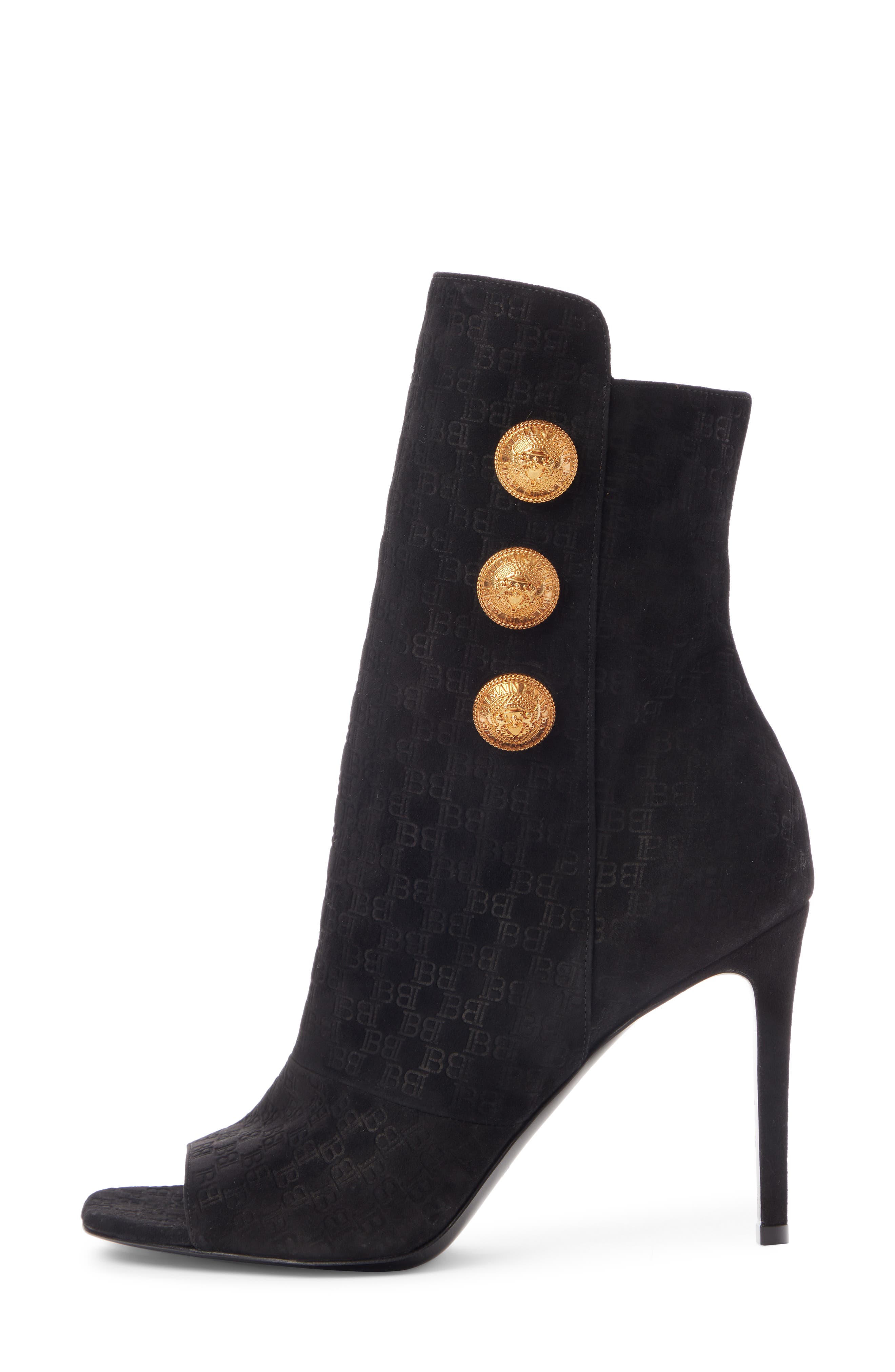 Balmain Oslo Logo Embossed Open Toe Bootie, Alternate, color, 
