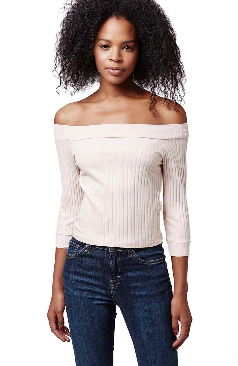 Topshop Half Sleeve Ribbed Bardot Top, Alternate, color,