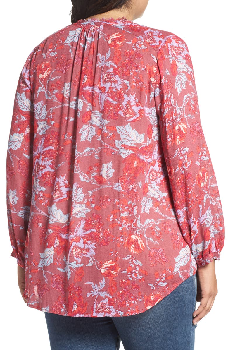 Lucky Brand Fringe Neck Floral Blouse, Alternate, color, Red Multi
