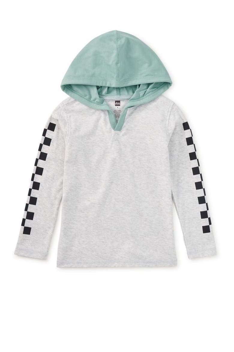 Checker Sleeves Happy Hoodie, Main, color, LIGHT GREY HEATHER