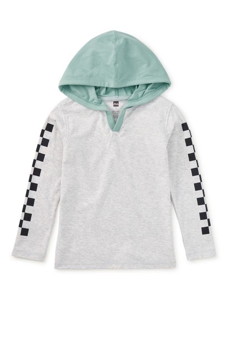 Tea Collection Checker Sleeves Happy Hoodie, Main, color, Light Grey Heather