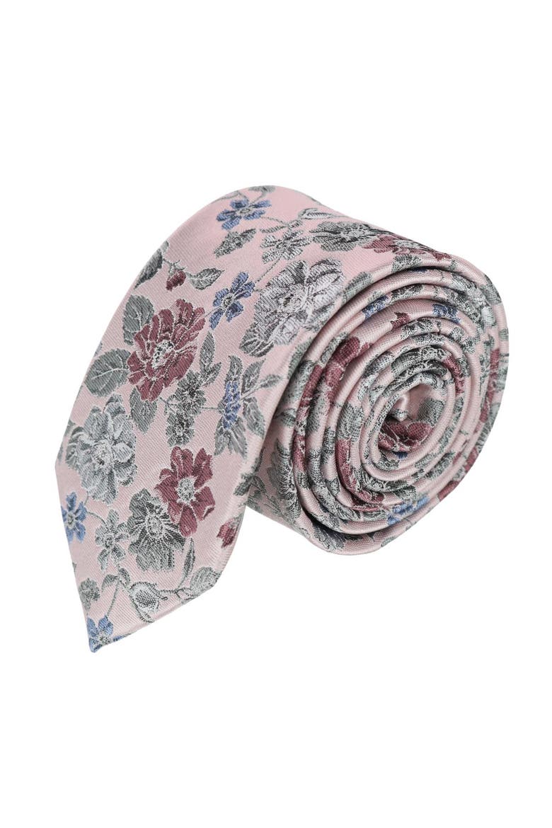 Nico Subtle Vine and Flower Patterned Silk Necktie, Main, color, Pale Pink with Grey