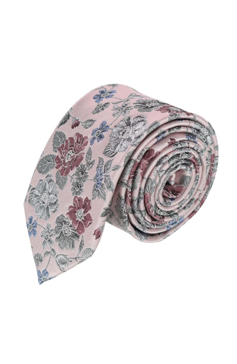 Trafalgar Nico Subtle Vine and Flower Patterned Silk Necktie, Main, color, Pale Pink With Grey