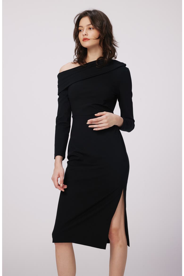 Buffy One-Shoulder Long Sleeve Dress, Alternate, color, BLACK