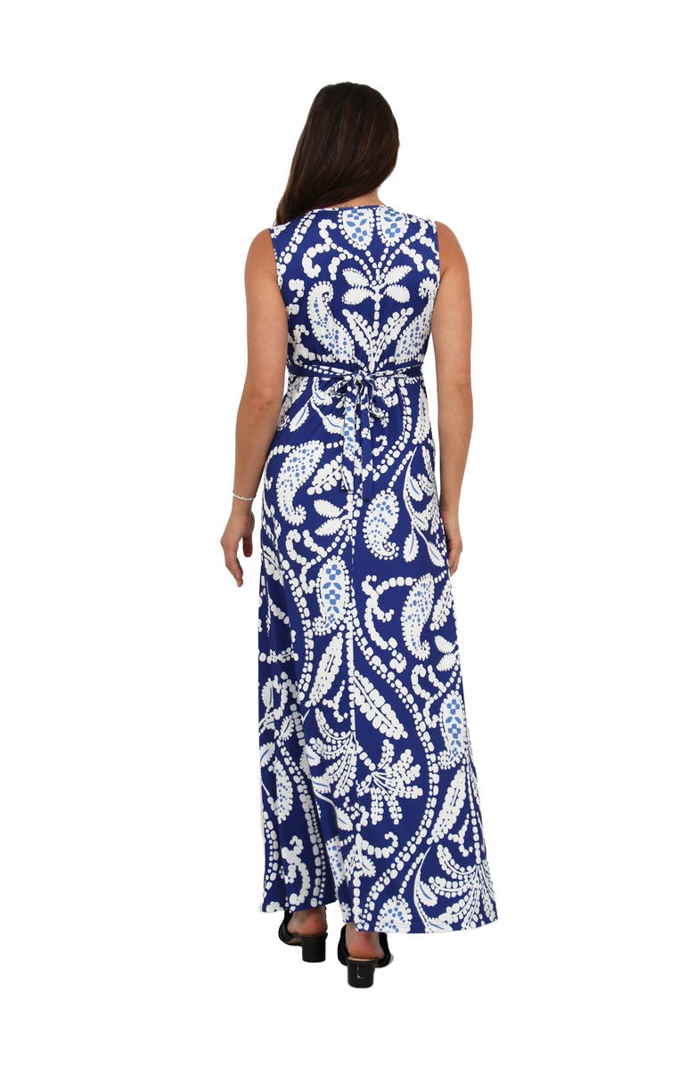 24seven Comfort Apparel Womens Essential Abstract Print V-Neck Sleeveless Tie Back Empire Waist Maxi Dress, Alternate, color, Blue Multi