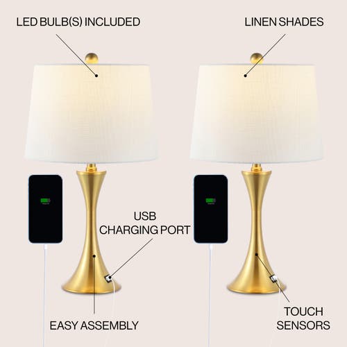 Jonathan Y Bennett Modern Glam Iron Hourglass Led Table Lamp With Usb Charging Port In Brass Gold