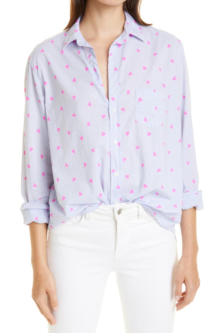 Eileen Heart Print Cotton Button-Up Shirt, Main, color, NEON PINK HEART