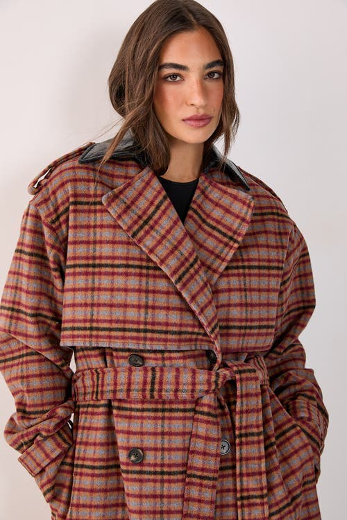Nasty Gal Check Vinyl Collar Trench Coat In Brown