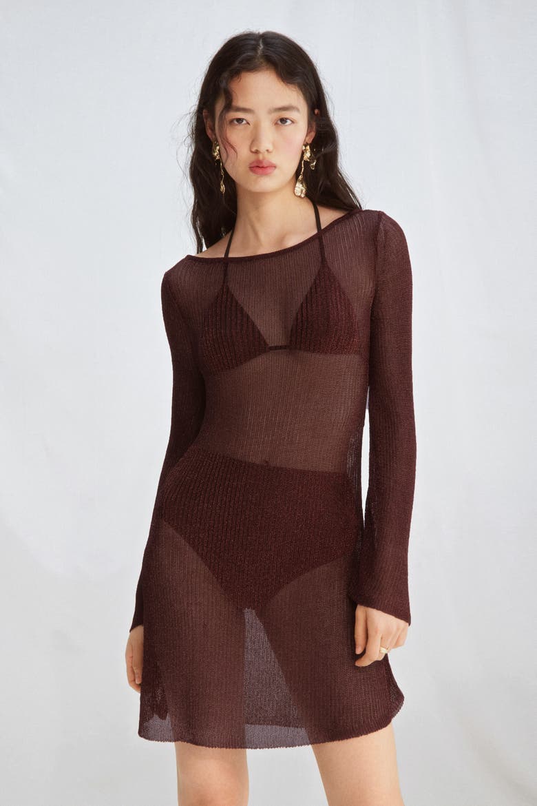 Shimmery Flared-skirt Dress, Alternate, color, Dark brown
