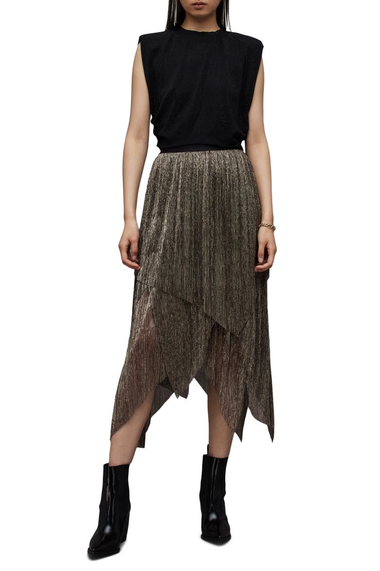 Veena Tiered Metallic Midi Skirt, Alternate, color, BLACK GOLD