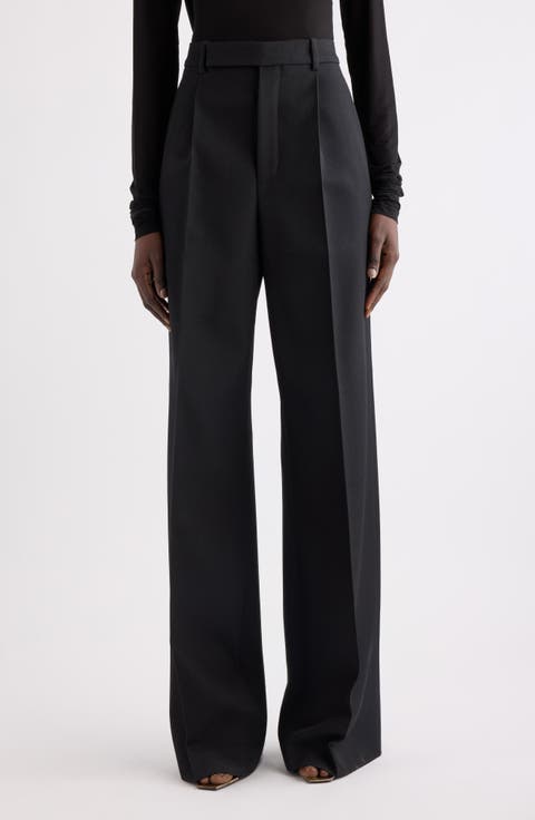 Pleated Wide Leg Wool Trousers