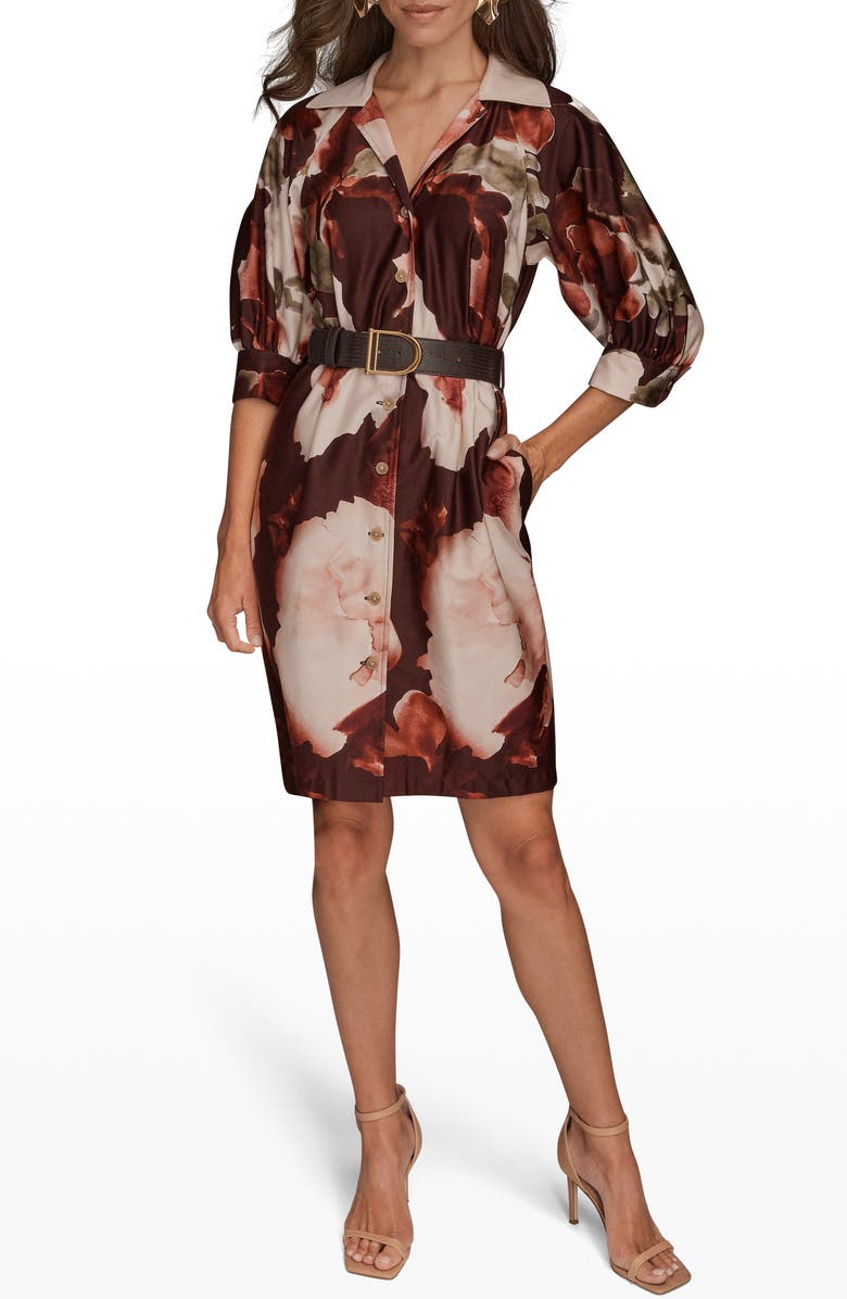 Donna Karan New York Floral Print Belted Shirtdress, Alternate, color, Oxblood Multi