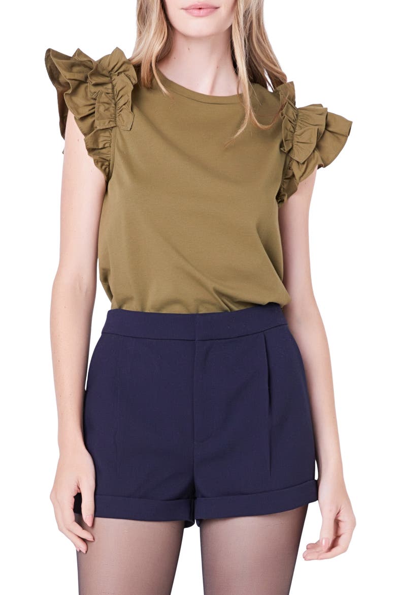 Ruffle Sleeve Mix Media Cotton Top, Main, color, OLIVE