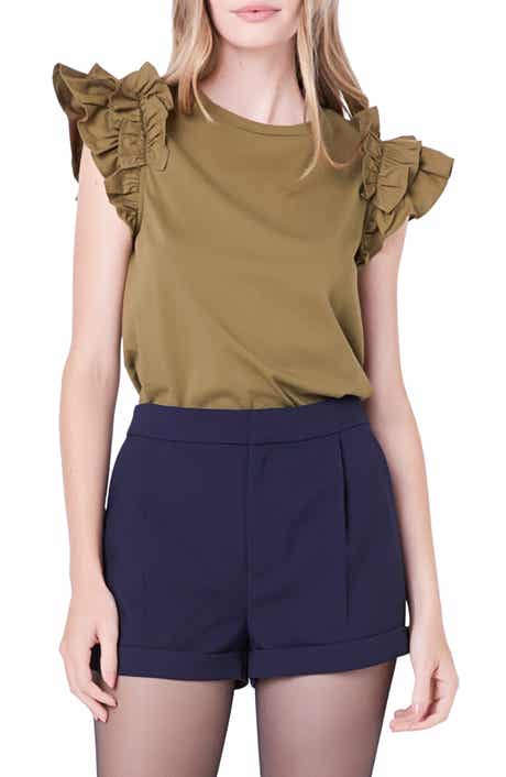English Factory Ruffle Sleeve Mix Media Cotton Top