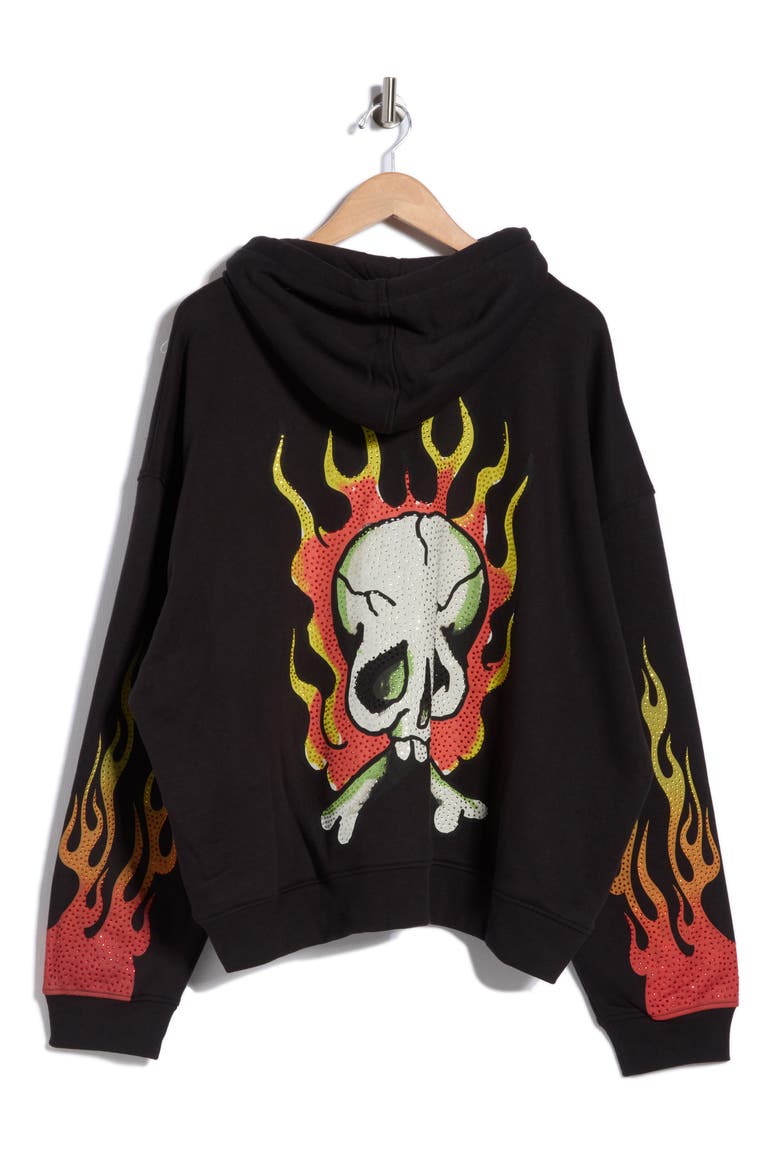 Skull Flames Rhinestone Boxy Zip Hoodie, Alternate, color, BLACK