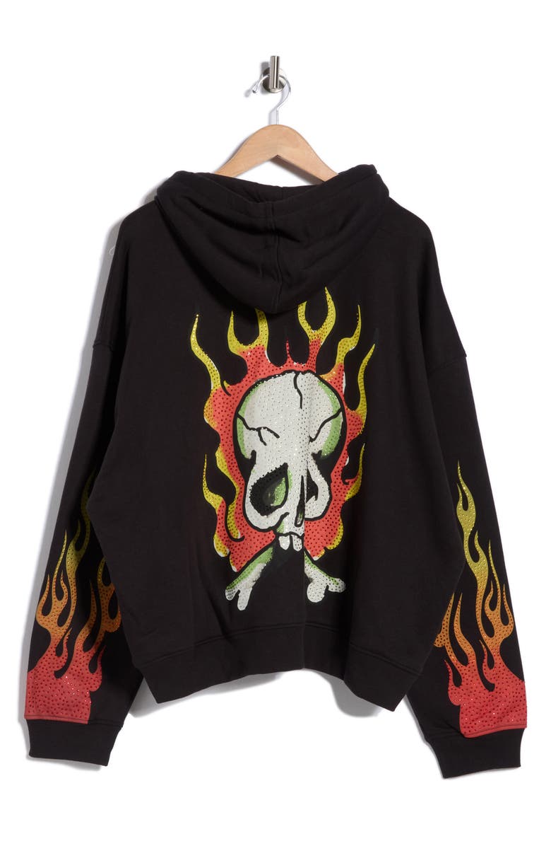Ed Hardy Skull Flames Rhinestone Boxy Zip Hoodie, Alternate, color, Black